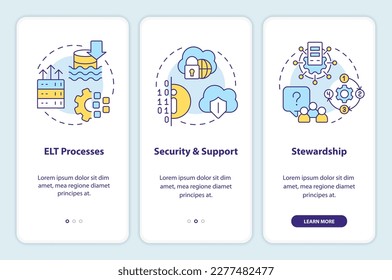 Data lake architecture components onboarding mobile app screen. Walkthrough 3 steps editable graphic instructions with linear concepts. UI, UX, GUI template. Myriad Pro-Bold, Regular fonts used