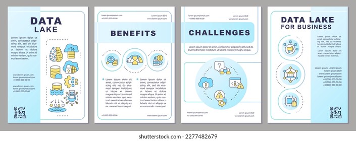 Data lake blue brochure template. Benefits and challenges. Leaflet design with linear icons. Editable 4 vector layouts for presentation, annual reports. Arial-Black, Myriad Pro-Regular fonts used