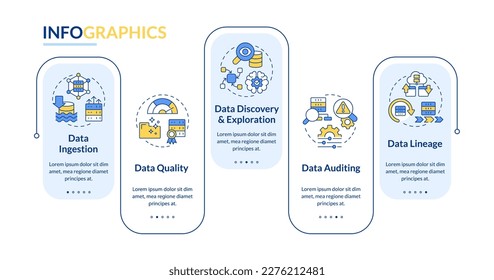 Data lake key concepts blue rectangle infographic template. Data visualization with 5 steps. Editable timeline info chart. Workflow layout with line icons. Lato-Bold, Regular fonts used