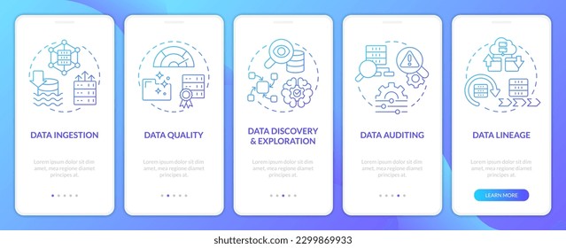 Data lake key concepts blue gradient mobile app screen. Technology. Walkthrough 5 steps graphic instructions with linear concepts. UI, UX, GUI template. Myriad Pro-Bold, Regular fonts used