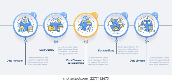 Data lake key concepts circle infographic template. Digital storage. Data visualization with 5 steps. Editable timeline info chart. Workflow layout with line icons. Lato-Bold, Regular fonts used