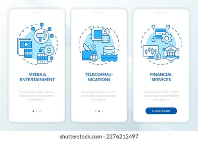 Data lake use cases blue onboarding mobile app screen. Industries walkthrough 3 steps editable graphic instructions with linear concepts. UI, UX, GUI template. Myriad Pro-Bold, Regular fonts used