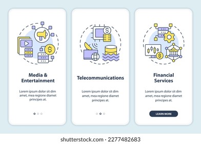 Data lake use cases onboarding mobile app screen. Industries walkthrough 3 steps editable graphic instructions with linear concepts. UI, UX, GUI template. Myriad Pro-Bold, Regular fonts used