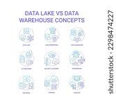 Data lake vs data warehouse blue gradient concept icons set. Information storage. Analytics idea thin line color illustrations. Isolated symbols. Roboto-Medium, Myriad Pro-Bold fonts used