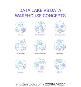 Data Lake vs Data Warehouse blauer Farbverlauf-Konzept-Symbole gesetzt. Informationsspeicherung. Die Analytik entwirft Illustrationen in dünnen Linien. Isolierte Symbole. Verwendung von Roboter-Medium, Myriad Pro-Fett-Schriftarten