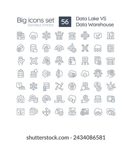 Data lake vs data warehouse linear icons set. Centralized repository. Store large amounts of data. Customizable thin line symbols. Isolated vector outline illustrations. Editable stroke