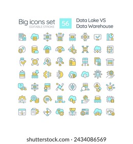 Data lake vs data warehouse RGB color icons set. Digital repository. Storage providing service. Isolated vector illustrations. Simple filled line drawings collection. Editable stroke
