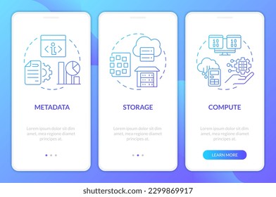 Data lake and warehouse blue gradient mobile app screen. Differences walkthrough 3 steps graphic instructions with linear concepts. UI, UX, GUI template. Myriad Pro-Bold, Regular fonts used