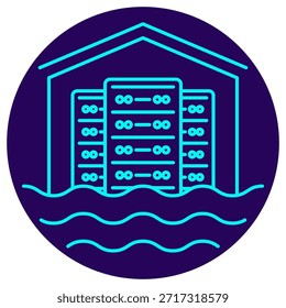 Data Lake y Data Warehouse Icon. Borde de neón minimalista sobre un fondo redondo azul oscuro. Ilustración vectorial de racks de servidores alojados dentro de una estructura, con oleadas de datos en la base