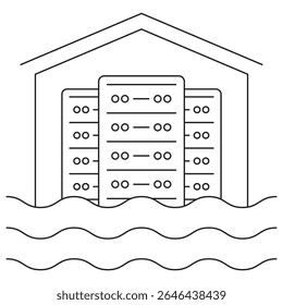 Data Lake or Data Warehouse icon. Vector pictogram with thin black lines on transparent background. Line thickness is editable. Server racks inside a storage structure with water wave lines - Powered by Shutterstock - Get 15% off with code: PIKWIZARD15
