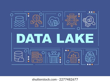 Data Lake Word Konzepte dunkelblaue Banner. Digitaler Speicher. Analytik. Infografiken mit bearbeitbaren Symbolen auf Farbhintergrund. Alleinstehende Typografie. Vektorgrafik mit Text. Arial-Black-Schriftart verwendet