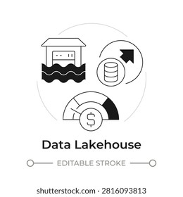 Data lakehouse modern flat line concept icon. Modern enterprise data stack. Performance analytics infrastructure. Solid and outline vector illustration. Round black and white design
