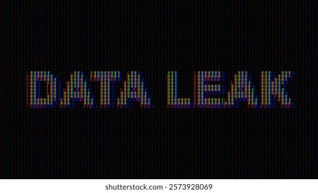 DATA LEAK Glitched Word. Led Panel or Monitor Macro Cyberpunk Style Banner. LED Neon Tech Glitch Background. Design Element for Tech Cyber Security Event. Vector Illustration.