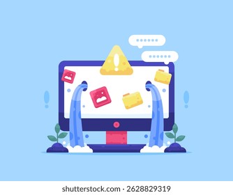 conceito de vazamento de dados e hacking. informações e arquivos de roubo de dados em um computador. tecnologia e crime, aviso. ilustração de um computador com dados vazados e hackeados. design de estilo plano