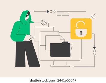 Datenleck abstraktes Konzept Vektor-Illustration. Datenschutzverletzungen, Schutz vor Informationslecks, Verschlüsselung von Datenbanken, Sicherheitsvorfall im Netzwerk, abstrakte Metapher für vertrauliche Informationen.