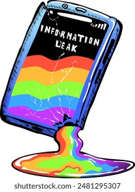 Datenleck von einem Smartphone in Form eines Regenbogens, der durch ein Loch am unteren Ende des Gadgets gleitet. Vektorillustration Ein Smartphone mit Rissen im Glas ist kaputt, aber das Display