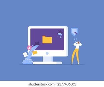 data leaks and system weaknesses. security system breached. a user is shocked and panicked because he knows the data information has been stolen. data theft by hackers. concept illustration design