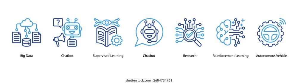 Data and Learning web banner icon vector illustration featuring Big Data, Chatbot, Supervised Learning, Research, Reinforcement Learning, and Autonomous Vehicle.