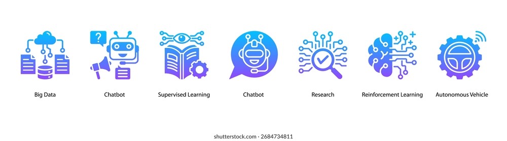 Data and Learning web banner icon vector illustration featuring Big Data, Chatbot, Supervised Learning, Research, Reinforcement Learning, and Autonomous Vehicle.