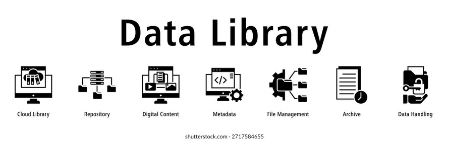 Biblioteca de dados ilustração de vetor de ícone de banner da Web com ícones de Biblioteca de Nuvens, Repositório, Conteúdo Digital, Metadados, Gerenciamento de Arquivos, Arquivamento e Manipulação de Dados.