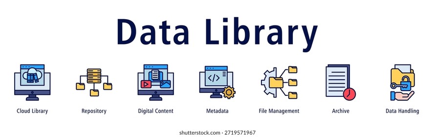 Biblioteca de dados ilustração de vetor de ícone de banner da Web com ícones de Biblioteca de Nuvens, Repositório, Conteúdo Digital, Metadados, Gerenciamento de Arquivos, Arquivamento e Manipulação de Dados.