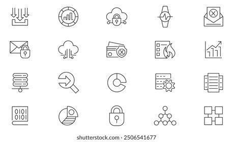 Data line icon collection. Cloud data, database, data analysis, cloud computing, server traffic, web security, server, and cloud computing icon set. UI outline icons pack