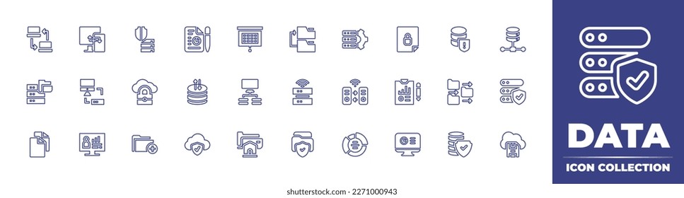 Recopilación de iconos de línea de datos. Trazo editable. Ilustración vectorial. Conteniendo uso compartido, sincronización de datos, almacenamiento de datos, análisis de datos, tabla, copia, seguridad, protección.