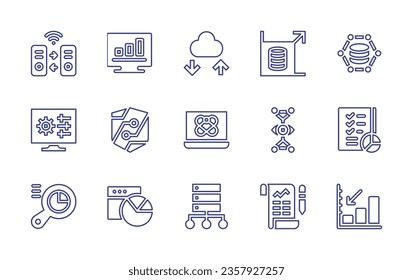Data line icon set. Editable stroke. Vector illustration. Containing large, science, transfer, graph, settings, analytics, pie chart, protection, visualization, data.