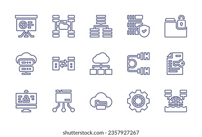 Data line icon set. Editable stroke. Vector illustration. Containing data protection, folder, usb cable, documents, data, cloud data, classification, transfer, analysis, security.