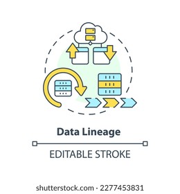 Data lineage concept icon. Information flow record. Data lake key concept abstract idea thin line illustration. Isolated outline drawing. Editable stroke. Arial, Myriad Pro-Bold fonts used