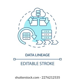 Data lineage turquoise concept icon. Information flow record. Data lake key concept abstract idea thin line illustration. Isolated outline drawing. Editable stroke. Arial, Myriad Pro-Bold fonts used