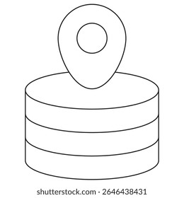 Data Location icon. Vector pictogram with thin black lines on transparent background. Stroke weight is editable. Shows a database with a geolocation pin symbol