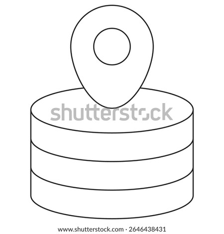 Data Location icon. Vector pictogram with thin black lines on transparent background. Stroke weight is editable. Shows a database with a geolocation pin symbol