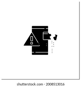 Data loss glyph icon. Exclamation point on phone. Card destroy. Phone problems. Warnings concept.Filled flat sign. Isolated silhouette vector illustration
