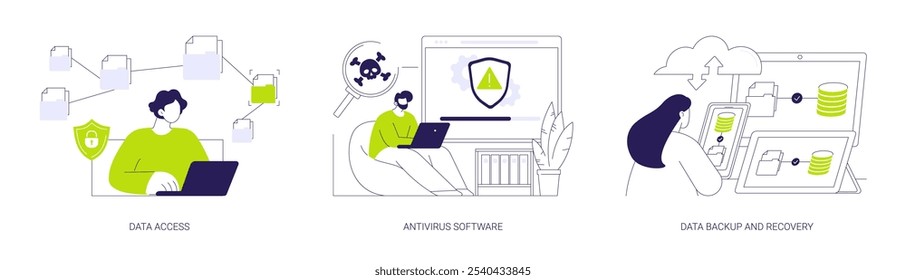 Data loss prevention abstract concept vector illustration set. Data access and cybersecurity, network encryption, man with laptop use antivirus program, backup and recovery software abstract metaphor.