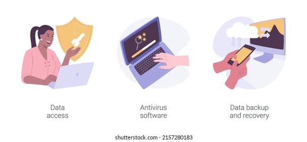 Data Loss Prevention Isolated Cartoon Vector Illustrations Set. Data Access And Cybersecurity, Network Encryption, Man With Laptop Use Antivirus Program, Backup And Recovery Software Vector Cartoon.