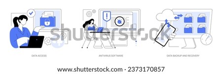 Data loss prevention isolated cartoon vector illustrations set. Data access and cybersecurity, network encryption, man with laptop use antivirus program, backup and recovery software vector cartoon.