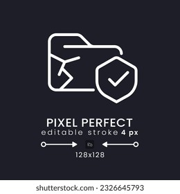 Data loss prevention white linear desktop icon on black. Breach detection. Cyber security. Pixel perfect 128x128, outline 4px. Isolated user interface symbol for dark theme. Editable stroke