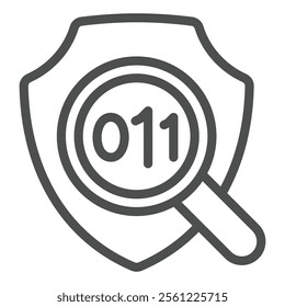 Data with magnifier on emblem line icon, data encryption concept. Vector graphics. Safety emblem with magnifying glass sign on white background, outline style icon for mobile or web design