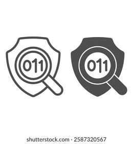 Data with magnifier on emblem line and solid icon, data encryption concept. Vector graphics. Safety emblem with magnifying glass sign on white background, outline style icon for mobile or web design