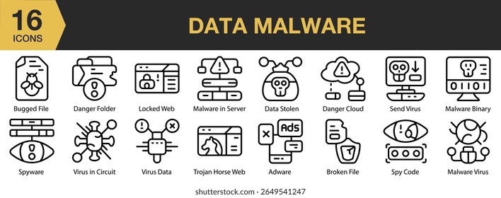 Conjunto de ícones de Data Malware. Inclui tecnologia, computador, dados, malware, ciber e muito mais. Contornar coleção de vetores de ícones.