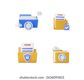 Data management 3d icons set. Cloud storage, document file, secure protection, and synchronization folder concept for business.