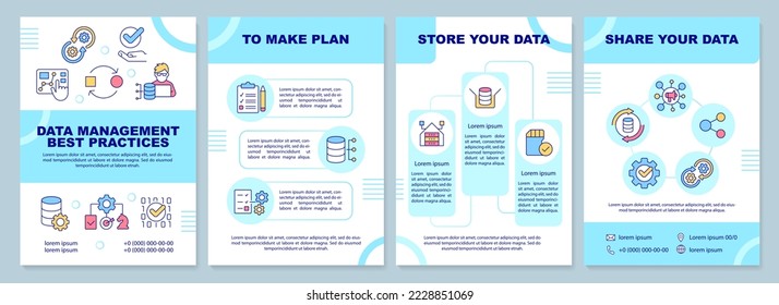 Data management best practices turquoise brochure template. Leaflet design with linear icons. Editable 4 vector layouts for presentation, annual reports. Arial-Black, Myriad Pro-Regular fonts used