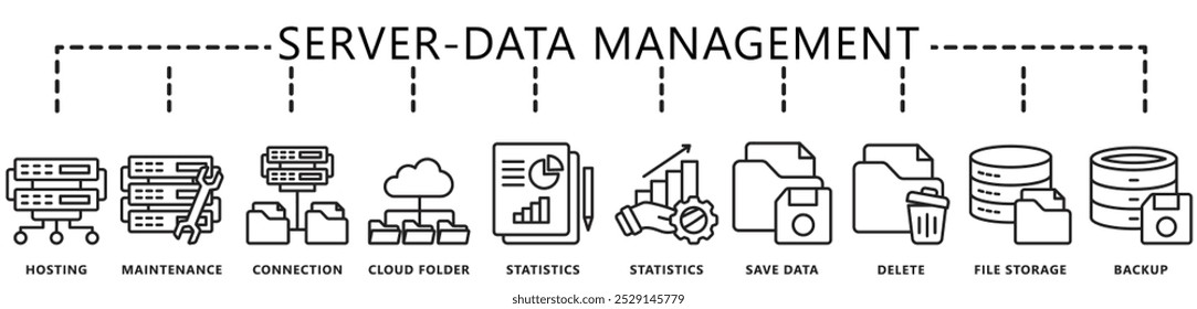 Data management black outline icons set. contain hosting, maintenance, statistics, storage, cloud, save, connection and more. Vector EPS 10. for UI or UX kit, web and app, finance, office, business