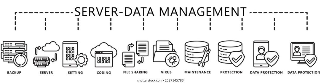 Data management black outline icons set. contain backup, server, setting, coding, file sharing, virus, protection and more. Vector EPS 10. for UI or UX kit, web and app, finance, office, business