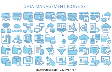 Data Management blue color icons set, contain analysis, cloud, server, computer, storage and more. use for modern concept, UI or UX kit, web and app. vector EPS 10 ready convert to SVG.