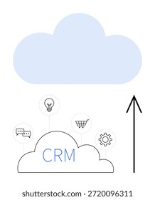 Gestión de datos, automatización de negocios, comercio electrónico, comunicación, soluciones en la nube e interacción con Clientes. Nube azul sobre los iconos pulgares hacia arriba Carrito de compras, chat de engranajes. Gestión de datos y negocio