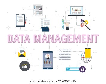 Symbole für Daten, Management, Geschäftswelt, Bericht, Anwendung und Analyse. Konzepte von Datenmanagement, Anwendungsanalyse, Smartphone-Daten und Suchmaschinen-App. 