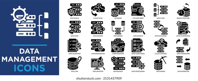 Datenverwaltung, Daten, Unternehmen, Technologie, Digital, Management-Icon-Set. Kollektion von Gliederungssymbolen. Einfache Vektorgrafik