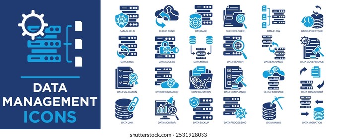 data management, data, business, technology, digital, management icon set. Coleção de ícones de tópicos. Ilustração de vetor simples	